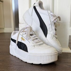 Puma White Platform Mayze Sneakers with Black Formstripe and Gold Logo 8.5